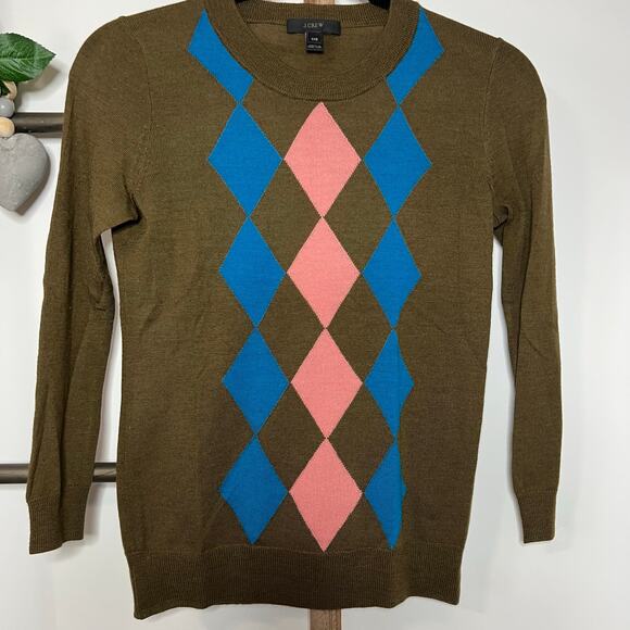 J Crew Long Sleeve Brown Argyle Crewneck Sweater Size XXS - Picture 2 of 6